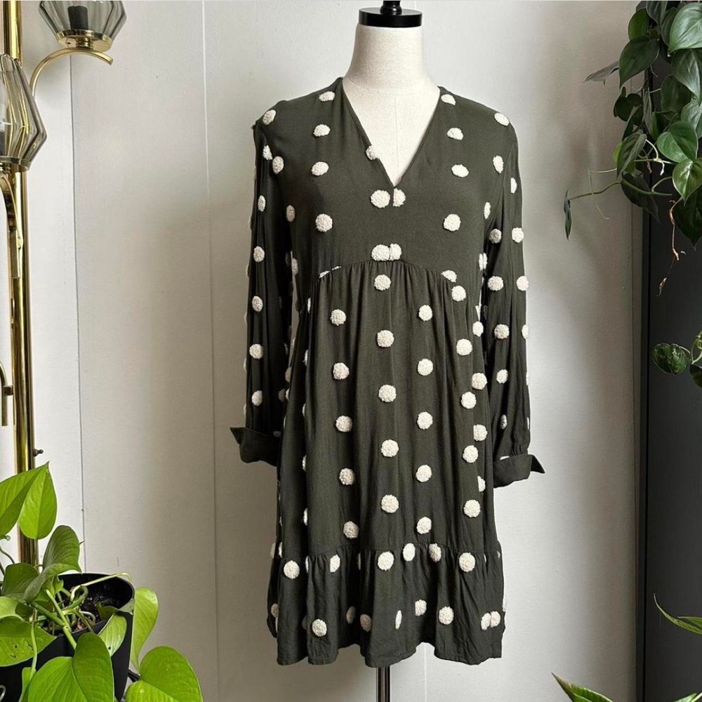 Zara Army Green White Raised Fluffy Polka Dot V-Neck Ruffle Mini Dress Medium